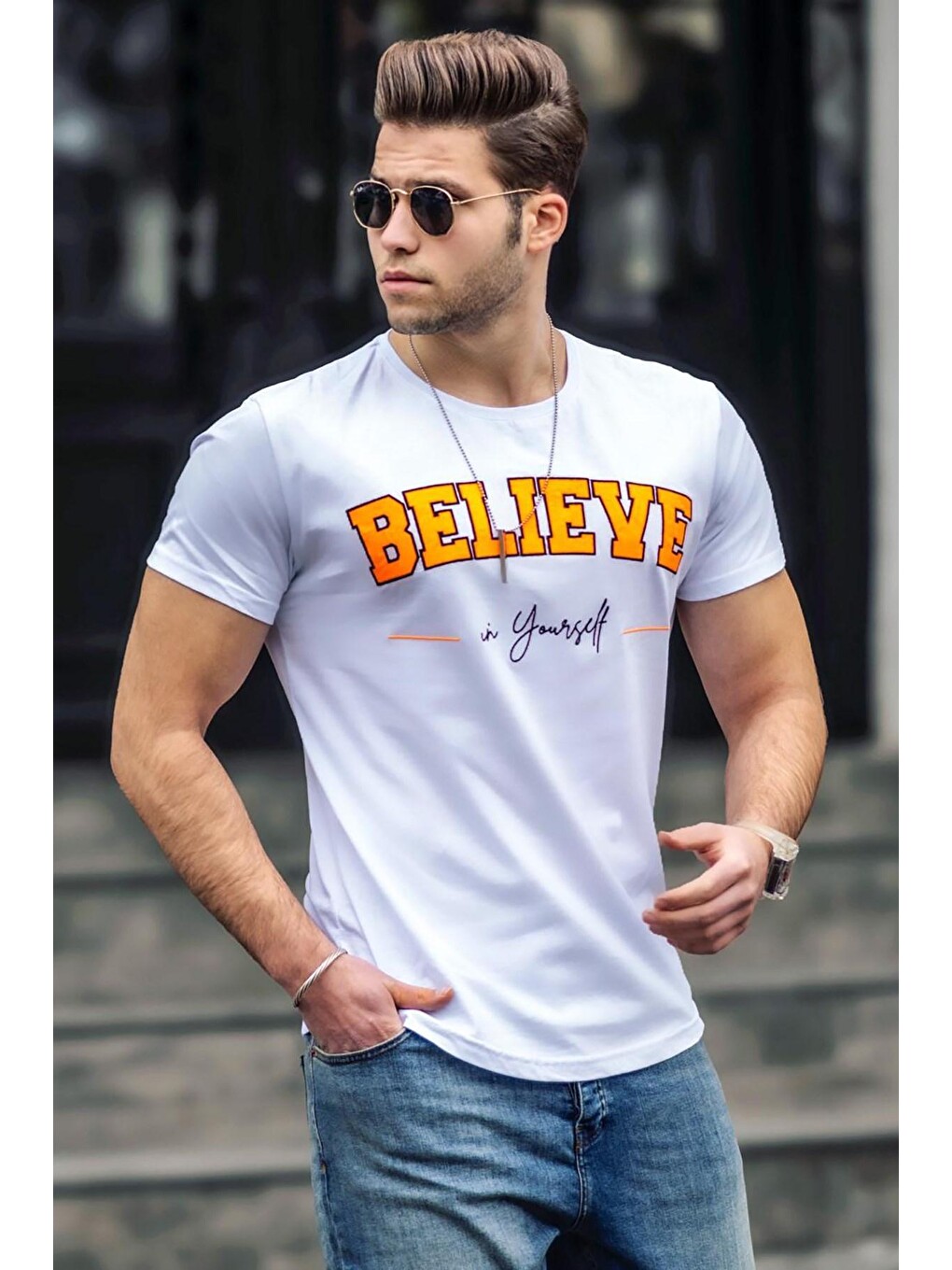 Neon Nakış Baskılı Beyaz Erkek Tişört 4540