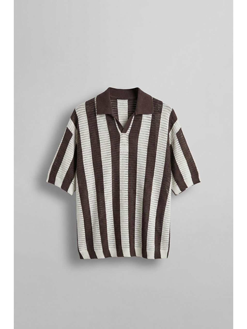 Erkek Oversize Yarım Pat Yaka Fileli Triko T-Shirt Kahverengi