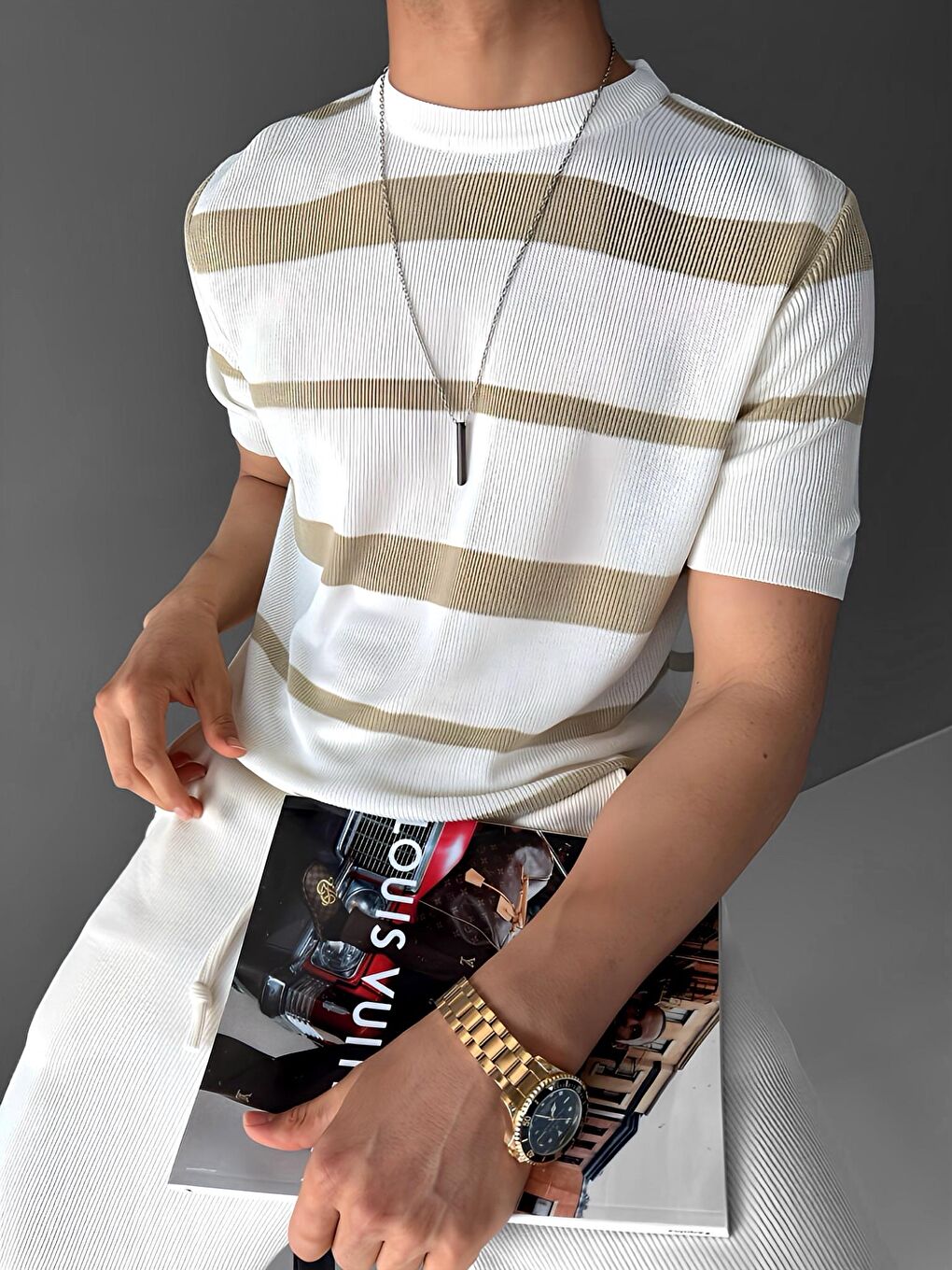 Erkek Oversize Örme T-Shirt Bej