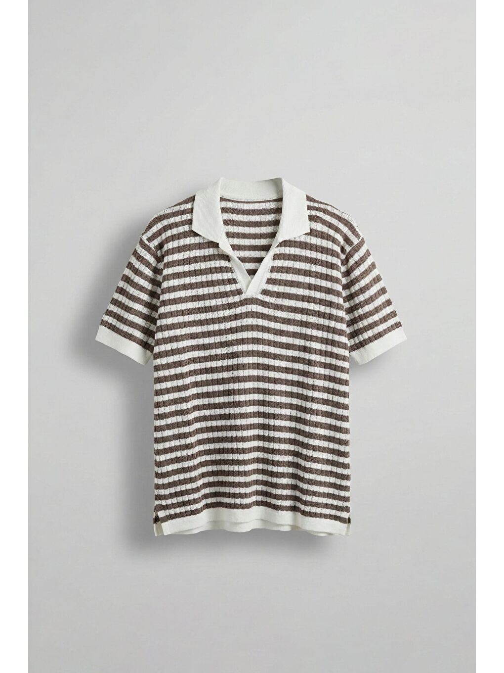 Kahverengi Erkek Triko Polo Yaka Çizgili T-Shirt Kahve