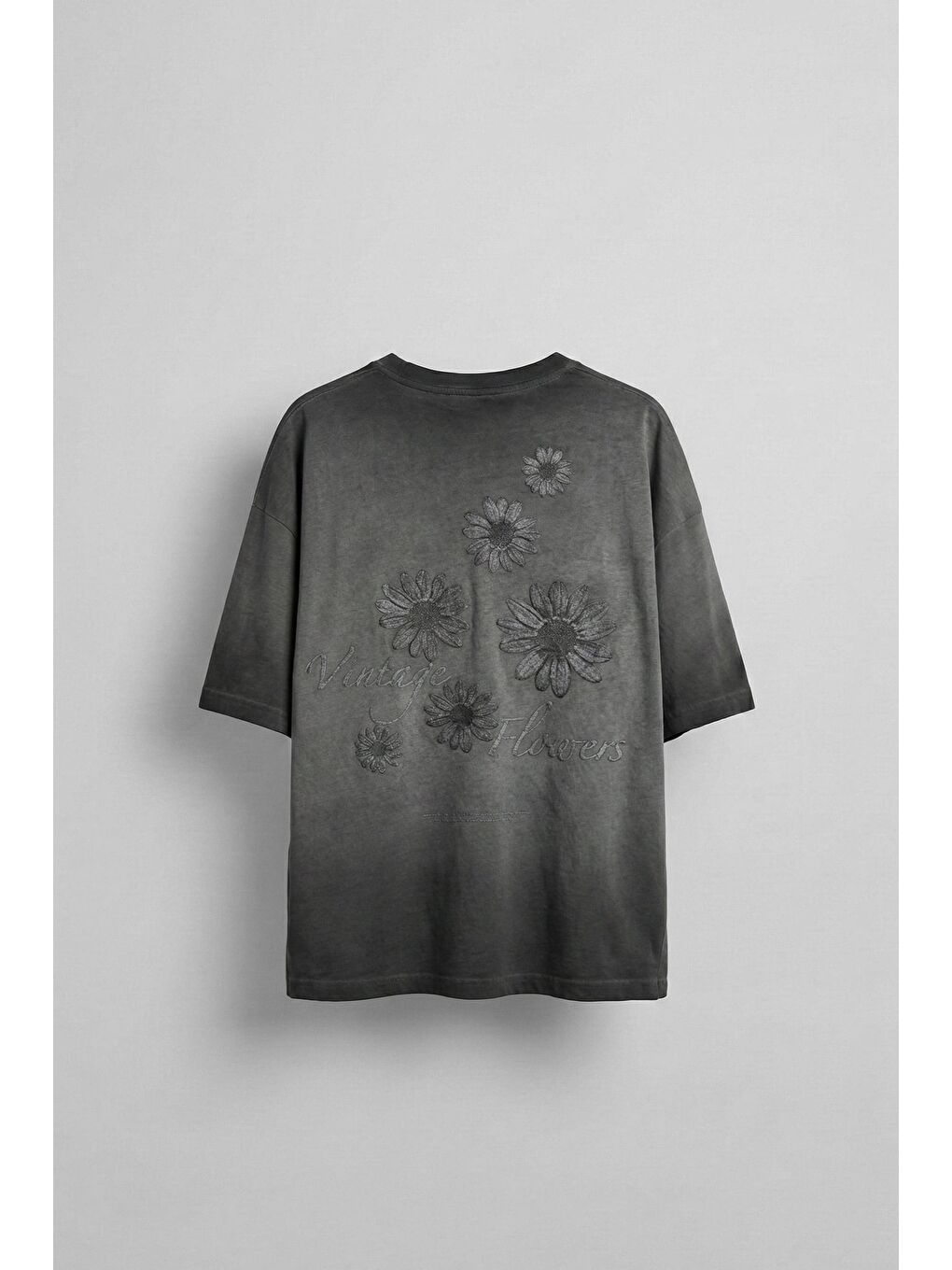 Gri Erkek Oversize 'Vintage Flawers' Desen Baskılı T-Shirt Füme