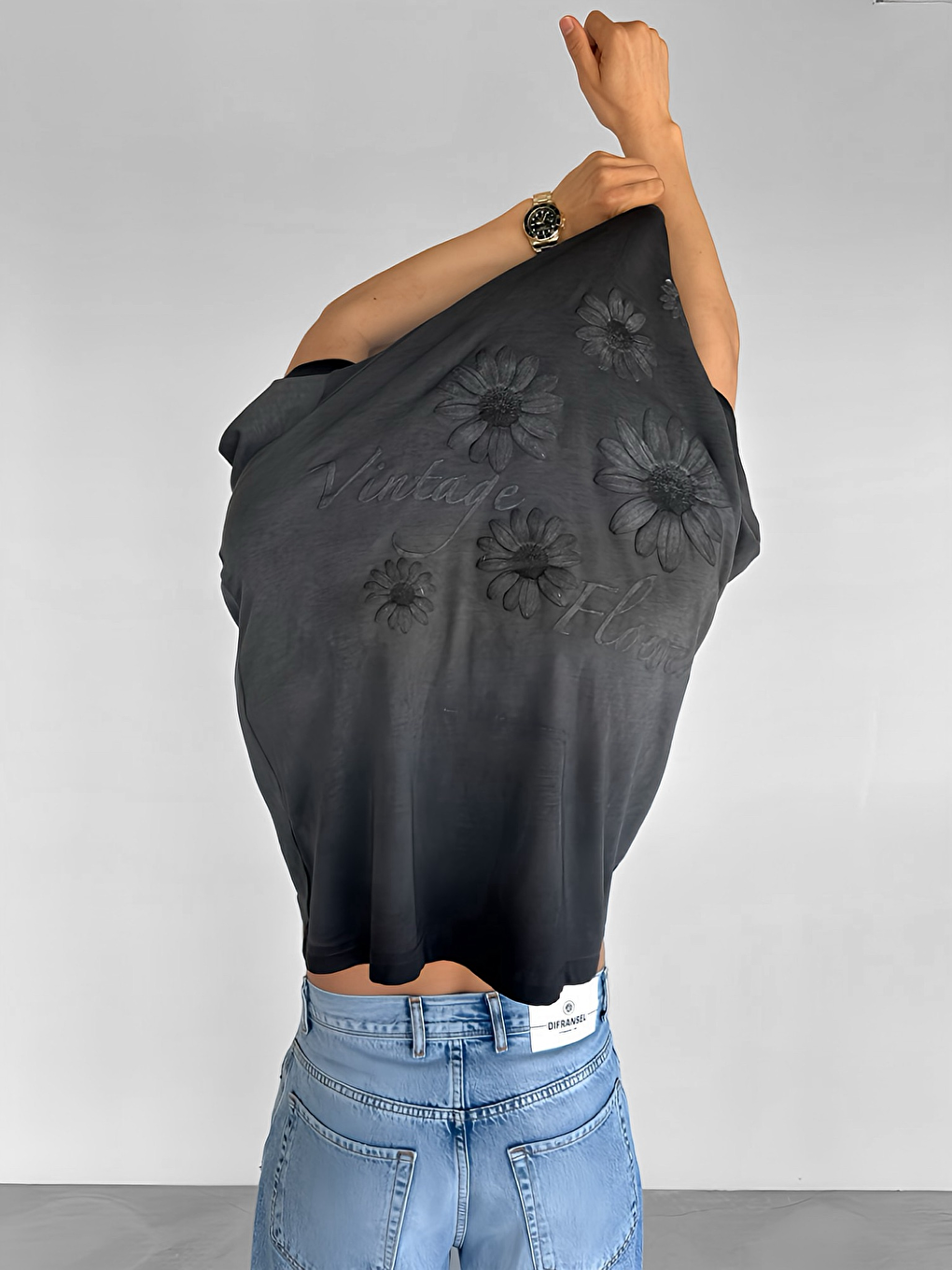 Gri Erkek Oversize 'Vintage Flawers' Desen Baskılı T-Shirt Füme-3