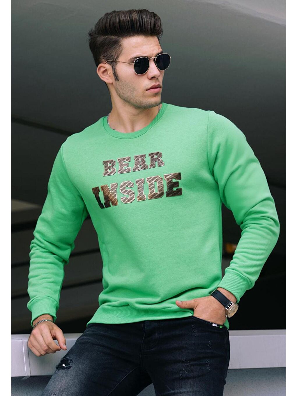 Yeşil Baskılı Bisiklet Yaka Sweatshirt 4751