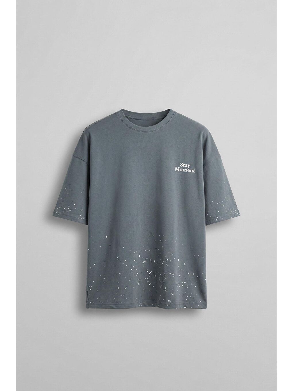 Erkek Oversize Dokulu Baskılı %100 Pamuk T-Shirt Gri-1