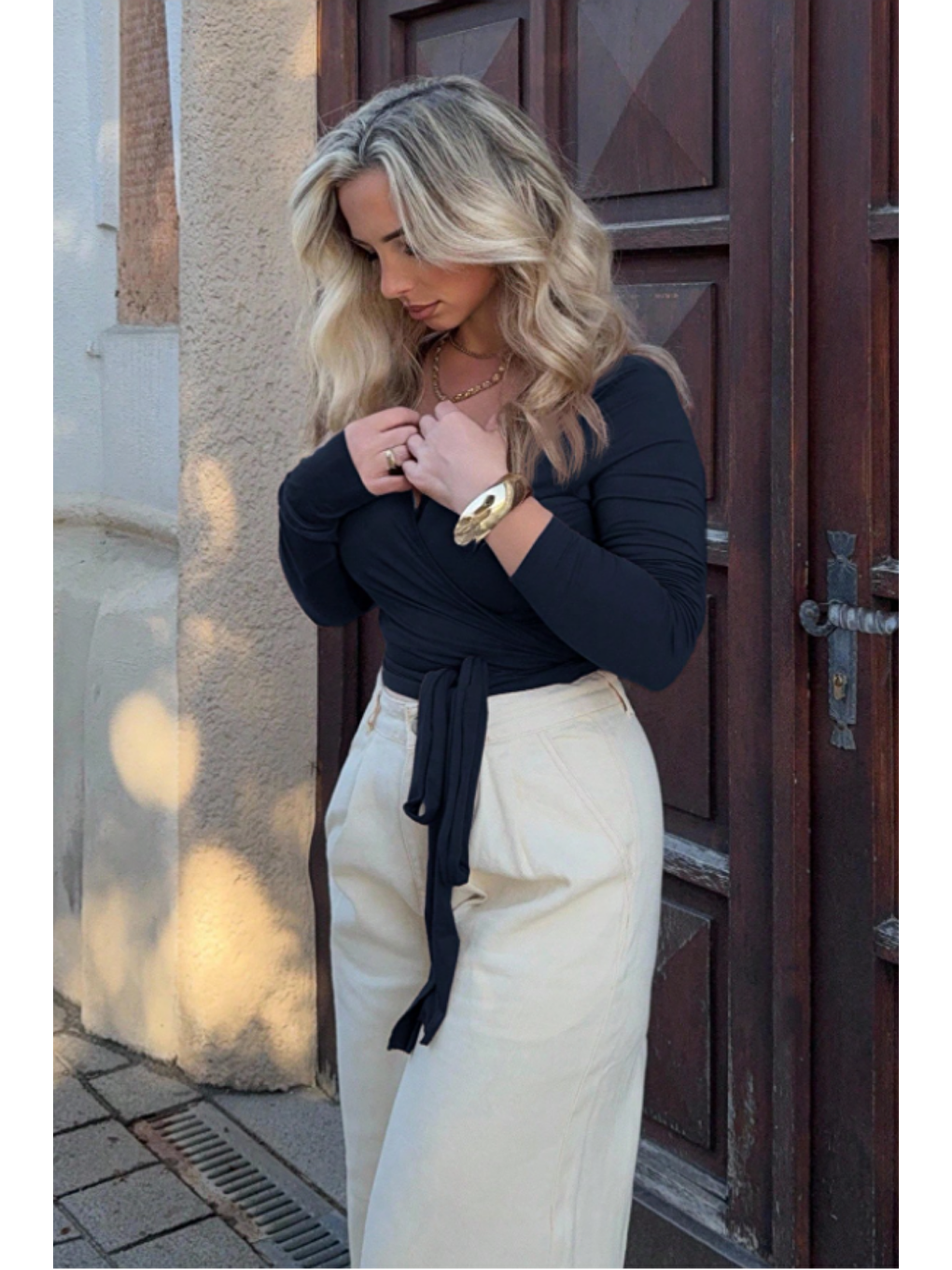 Kadın Lacivert Kruvaze Yaka Uzun Kollu Bağlamalı Slim Fit Bluz-1