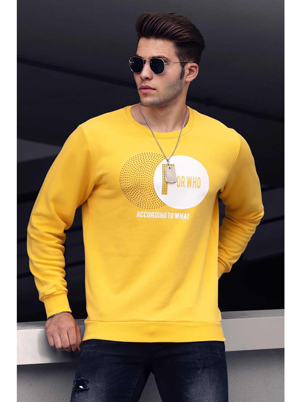 Sarı Baskılı Bisiklet Yaka Sweatshirt 4756