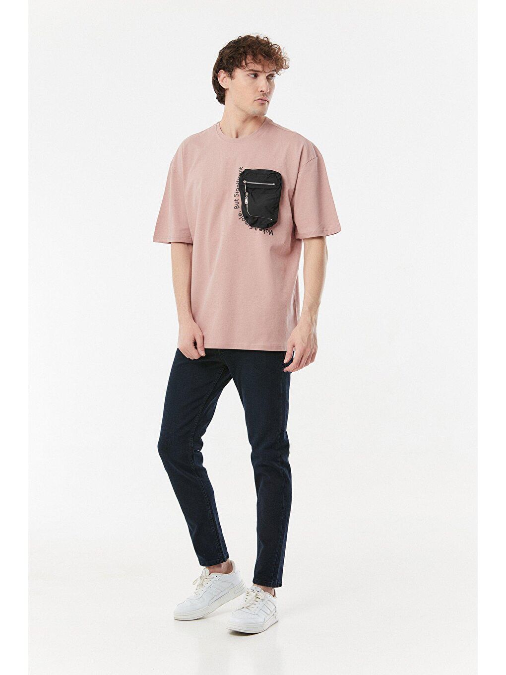 Pembe Baskılı Cep Detaylı Oversize Tişört-4