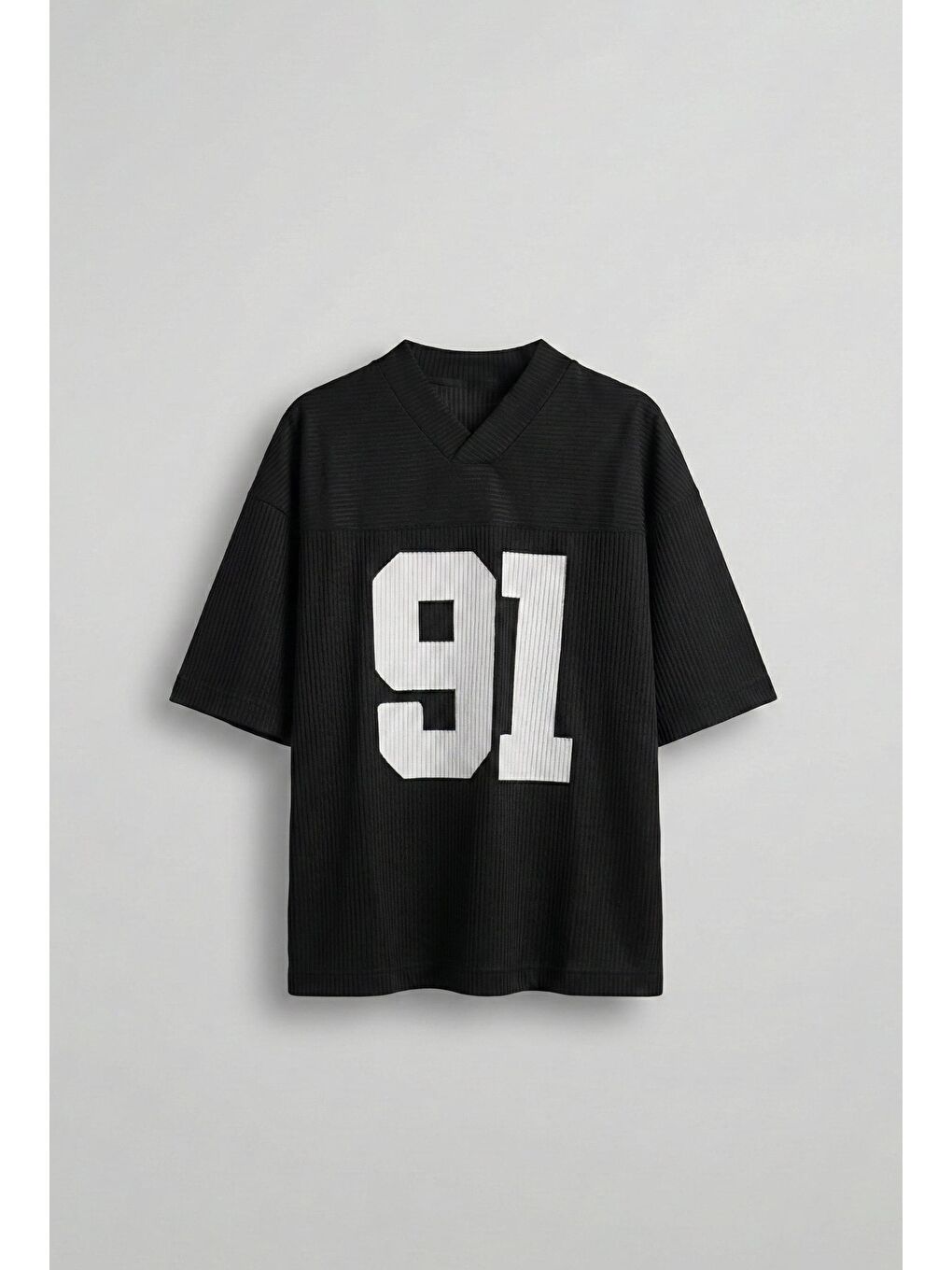 Erkek Oversize Baskılı V Yaka Forma T-Shirt Siyah