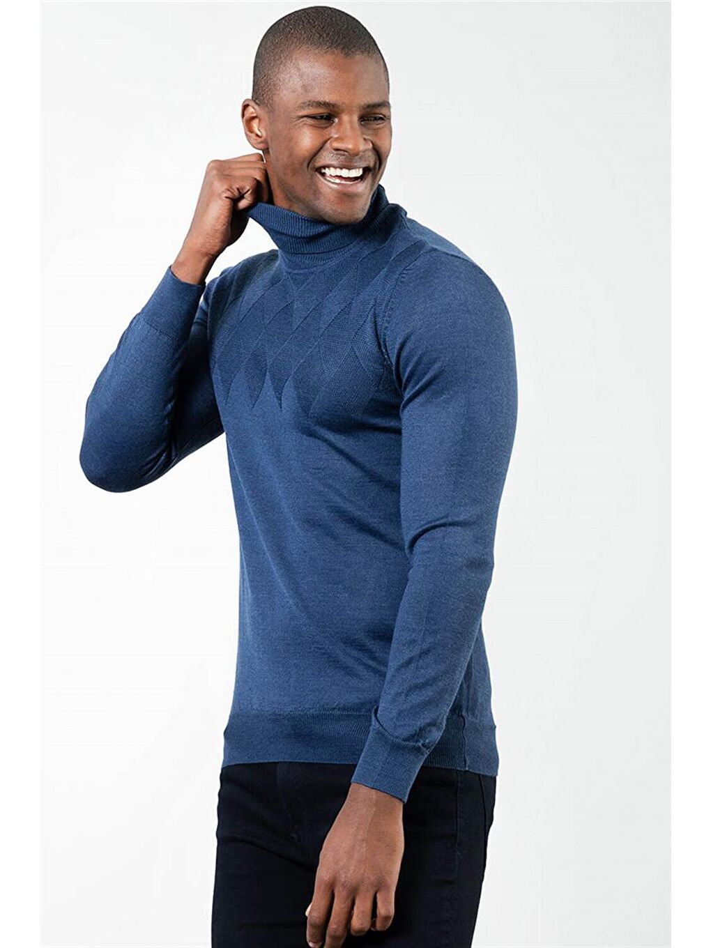 Slim Fit Tam Balıkçı Yaka İnce Yün Erkek İndigo Kazak-1