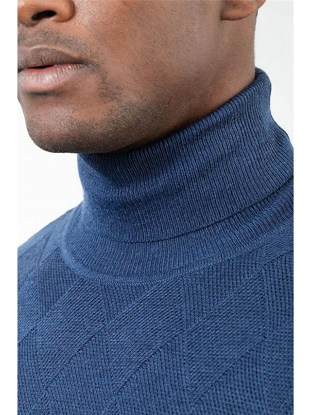 Slim Fit Tam Balıkçı Yaka İnce Yün Erkek İndigo Kazak-3