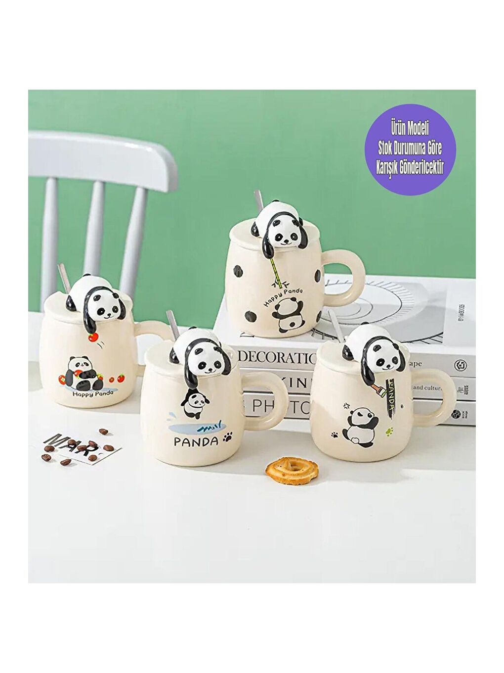 Karışık Sevimli Panda Kapaklı Seramik Kupa