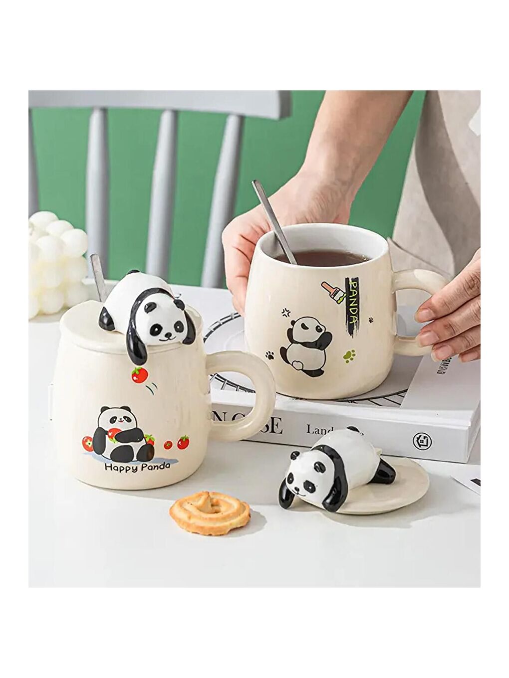 Karışık Sevimli Panda Kapaklı Seramik Kupa-4