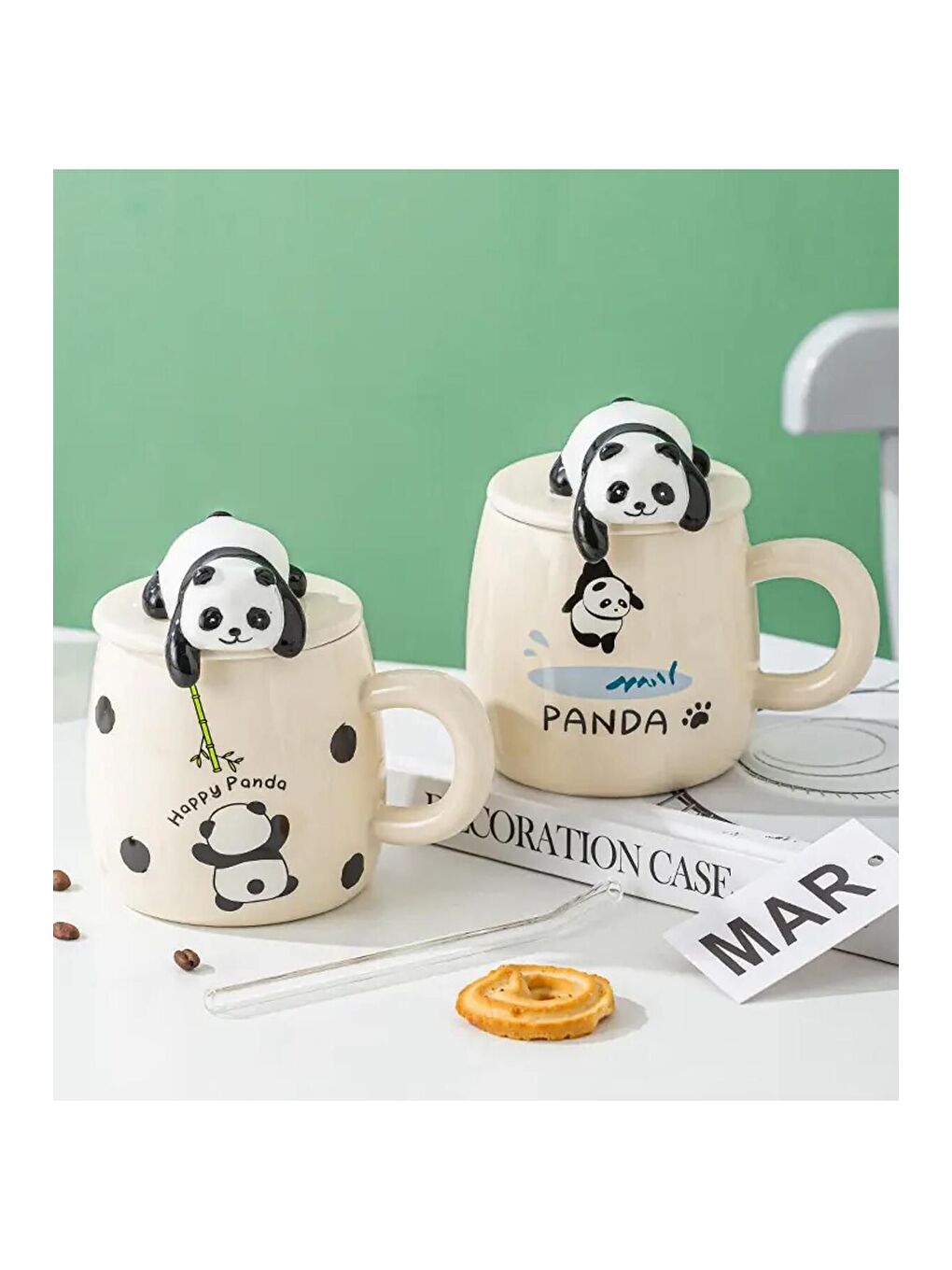 Karışık Sevimli Panda Kapaklı Seramik Kupa-5