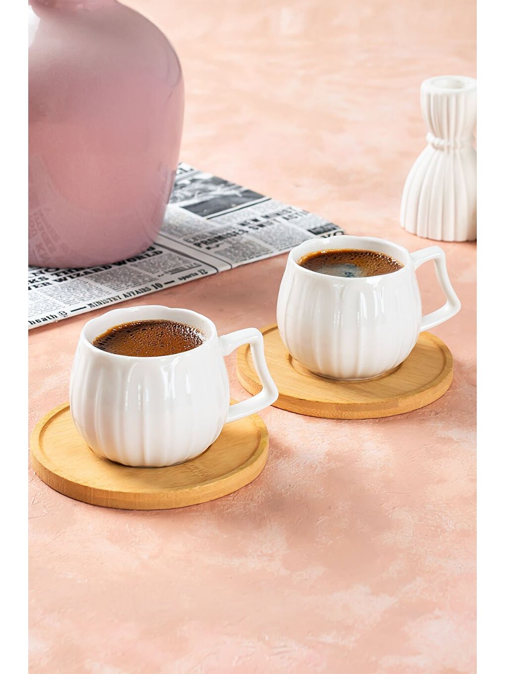 Beyaz 10973 Carlo Bambu Tabaklı 12 Parça Porselen Türk Kahvesi Fincan Takımı-1