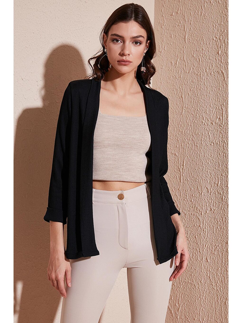 Siyah Yakası Ve Kolu Katlı Gofre Kimono Hırka 5864974