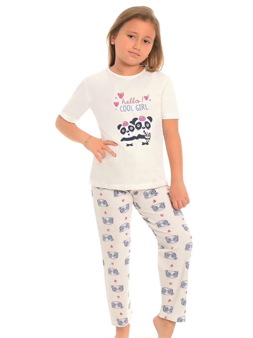 Ekru Pamuklu Kısa Kollu Desenli Düz Paça Kız Çocuk Pijama Takım