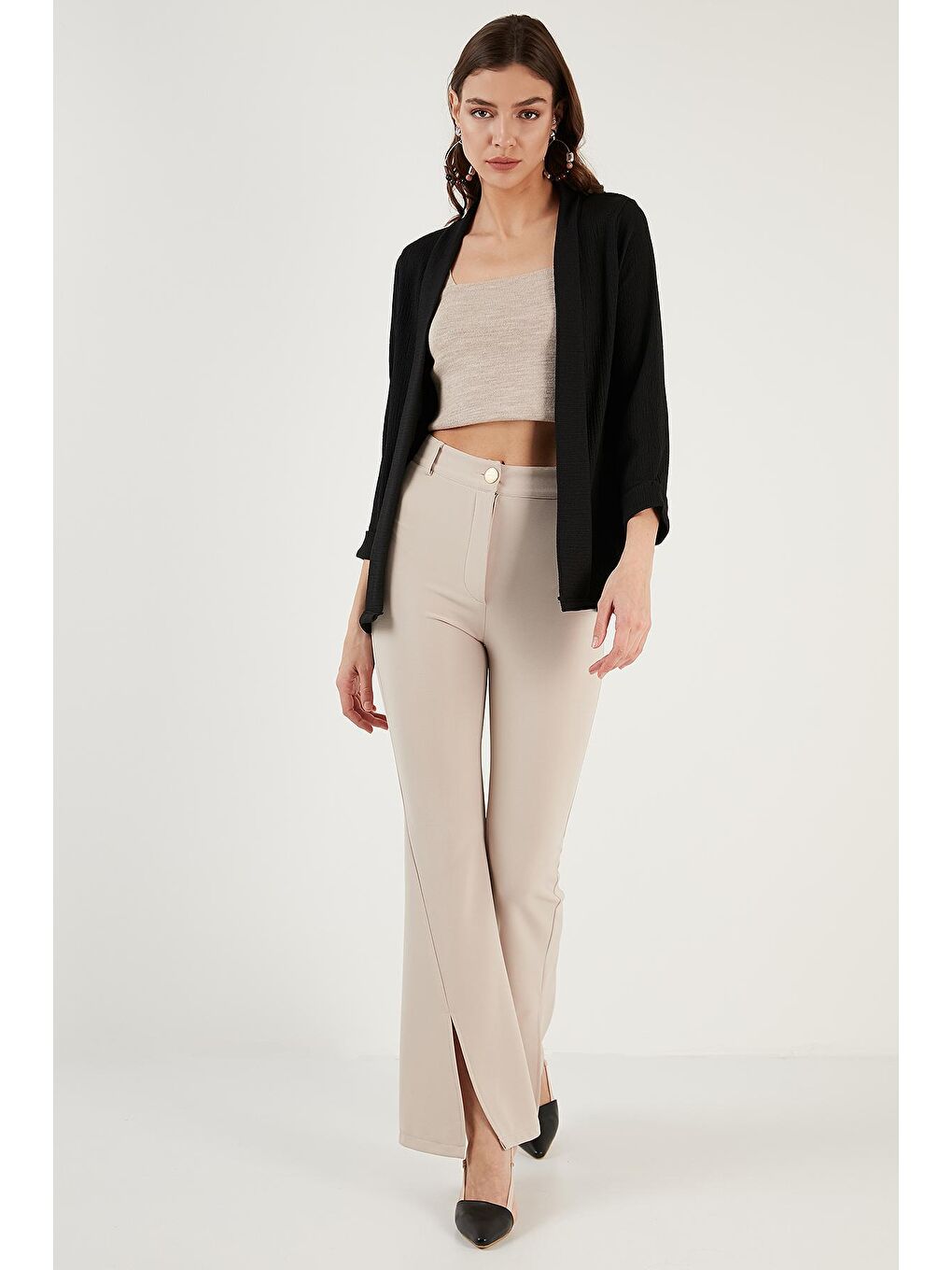 Siyah Yakası Ve Kolu Katlı Gofre Kimono Hırka 5864974-3