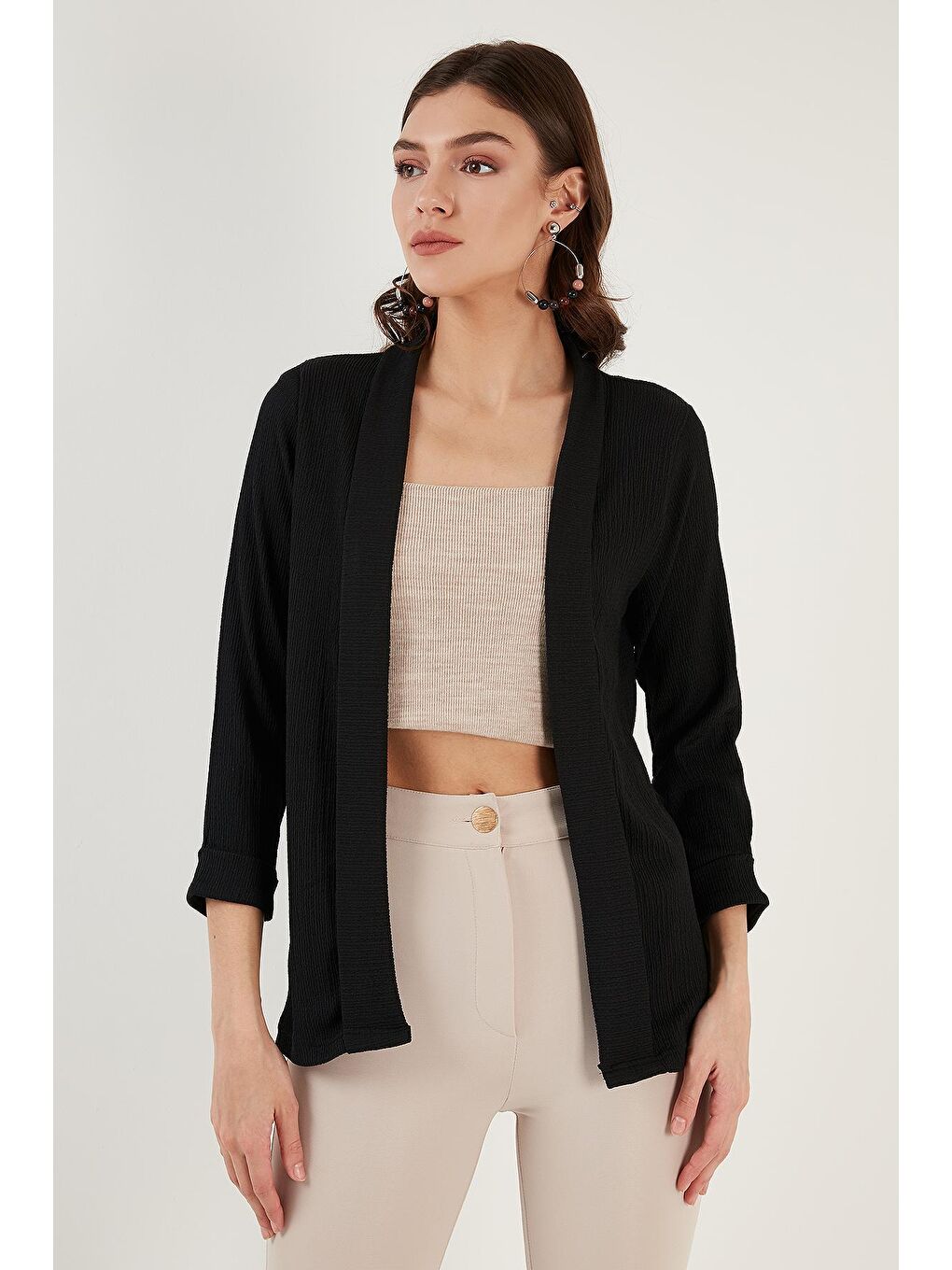 Siyah Yakası Ve Kolu Katlı Gofre Kimono Hırka 5864974-4