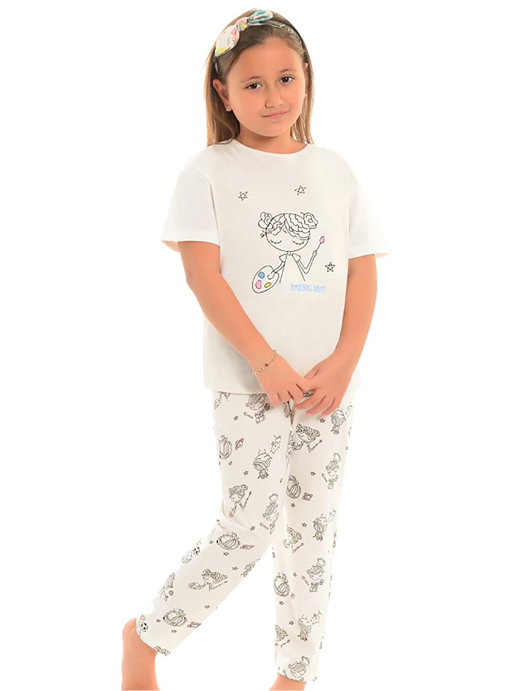 Ekru Pamuklu Kısa Kollu Desenli Düz Paça Kız Çocuk Pijama Takım