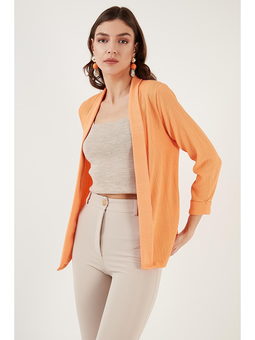 Turuncu Yakası Ve Kolu Katlı Gofre Kimono Hırka 5864974-1