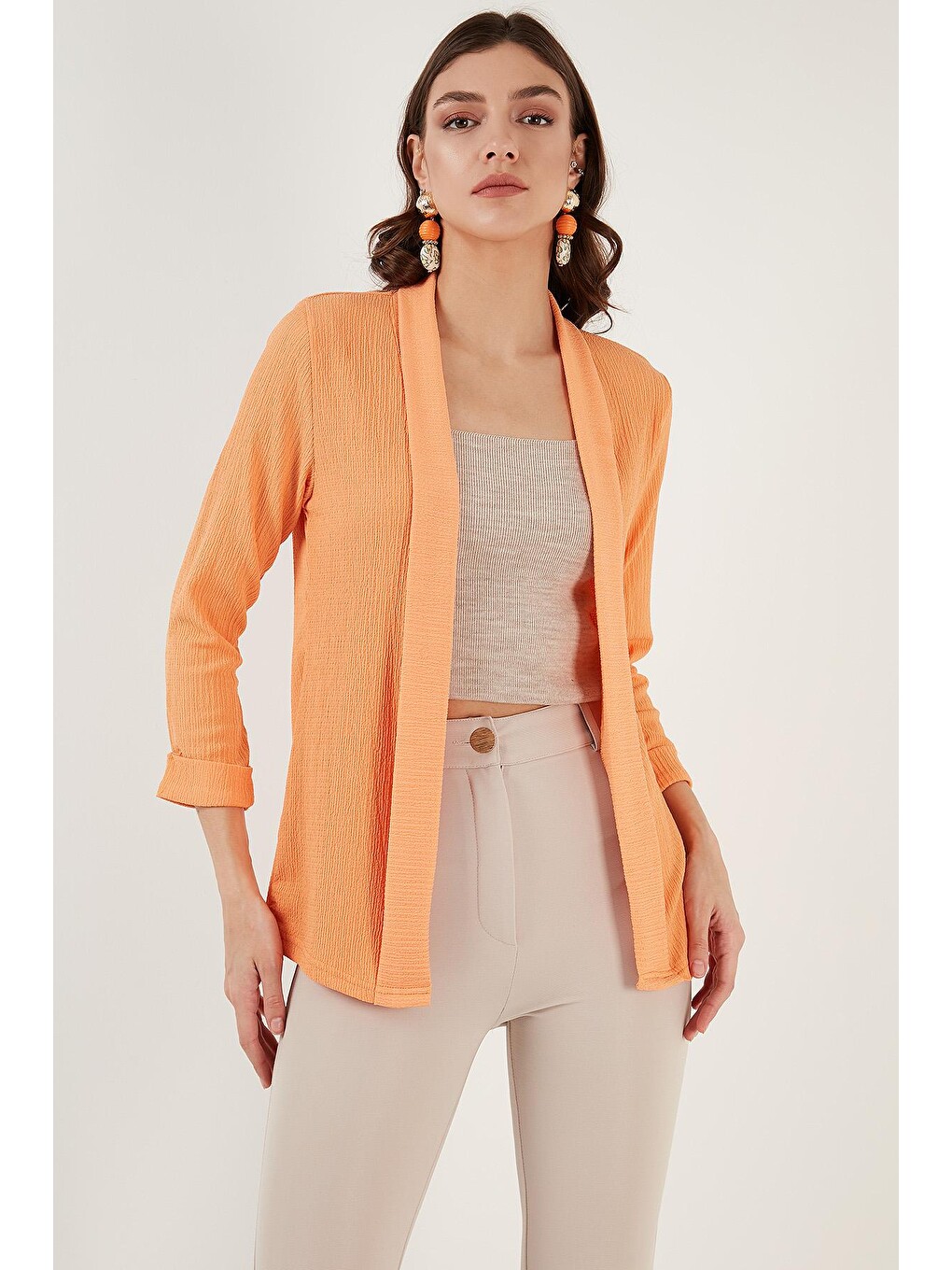 Turuncu Yakası Ve Kolu Katlı Gofre Kimono Hırka 5864974-3