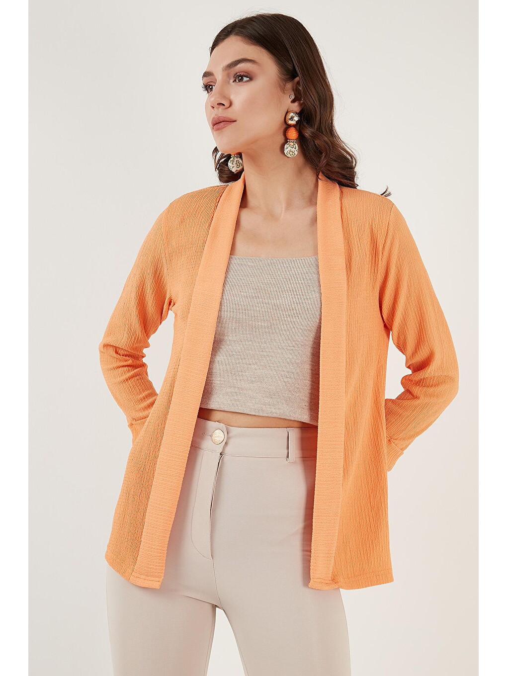 Turuncu Yakası Ve Kolu Katlı Gofre Kimono Hırka 5864974-4