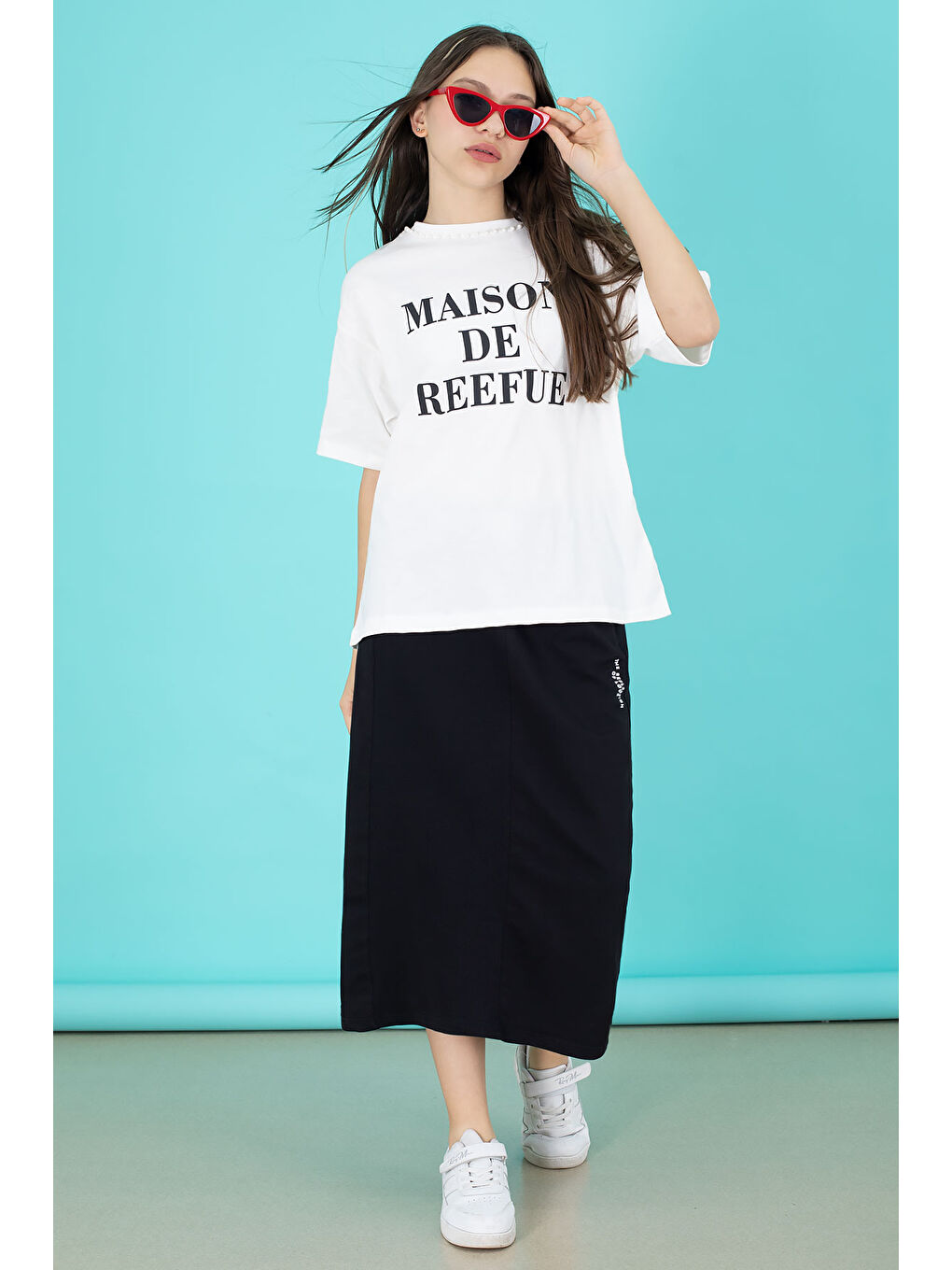 Siyah Kız Çocuk Etekli Baskılı Tişörtlü Takım 20508