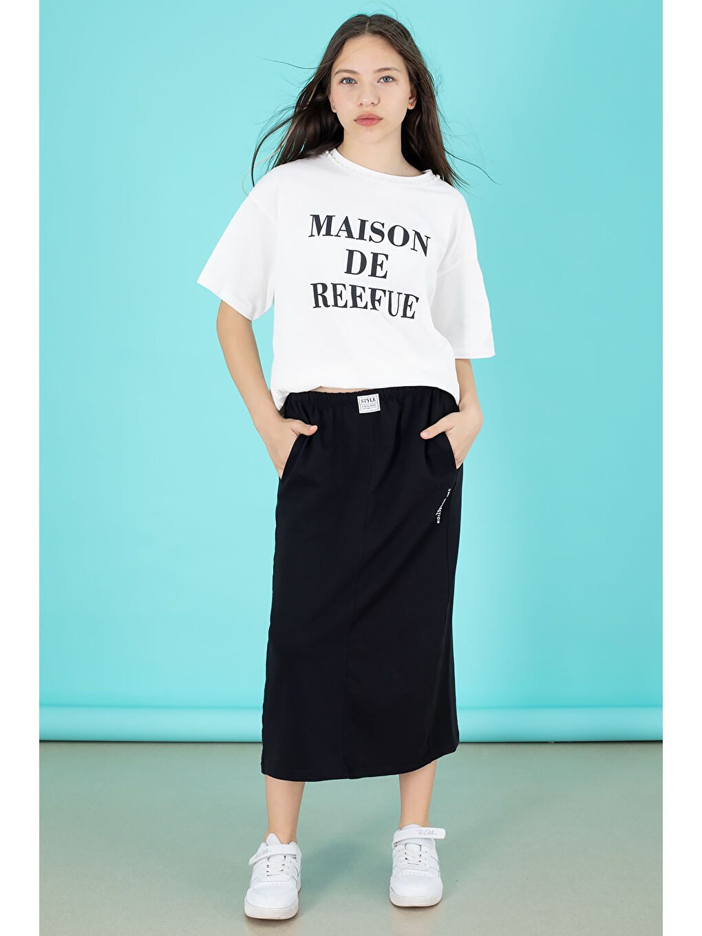 Siyah Kız Çocuk Etekli Baskılı Tişörtlü Takım 20508-2