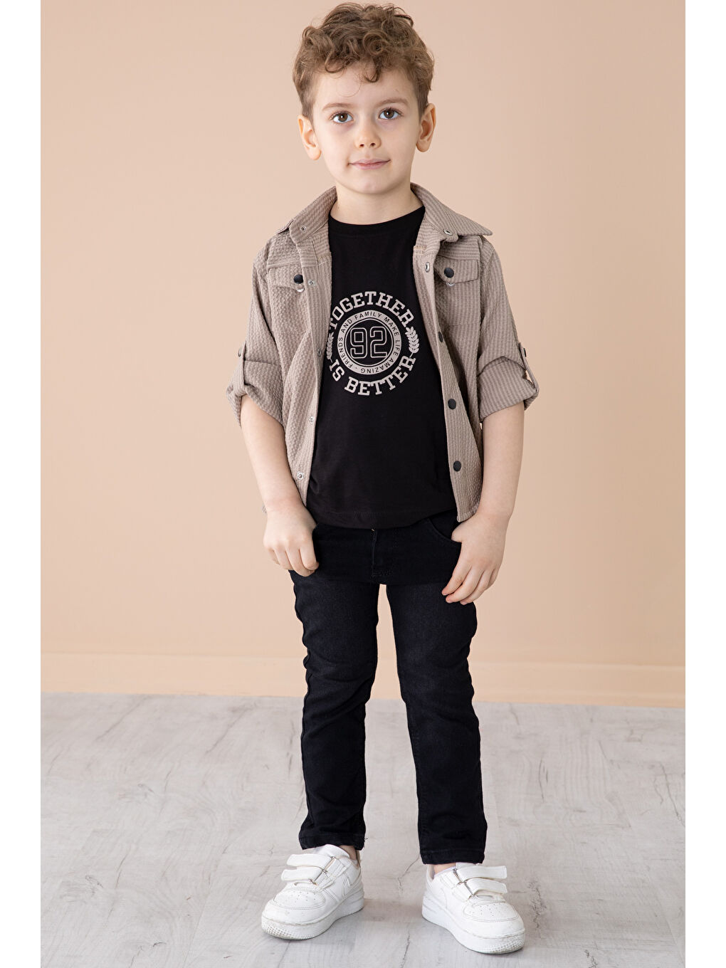 Bej Erkek Çocuk Çıtçıtlı Gömlekli Pantolonlu 3lü Alt Üst Takım 20264