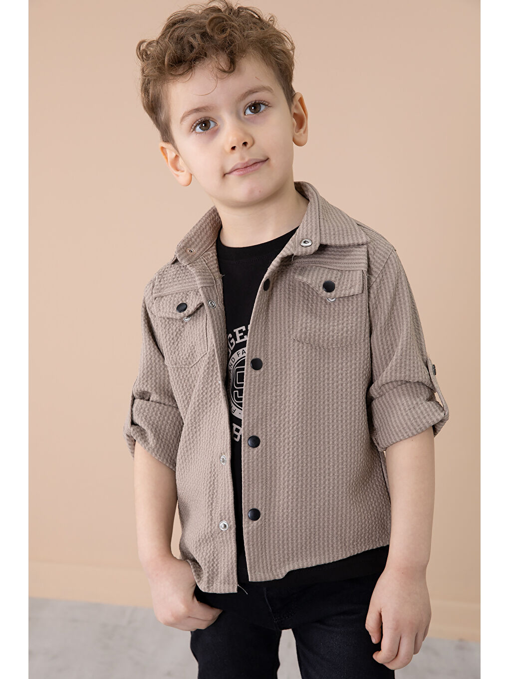 Bej Erkek Çocuk Çıtçıtlı Gömlekli Pantolonlu 3lü Alt Üst Takım 20264-1