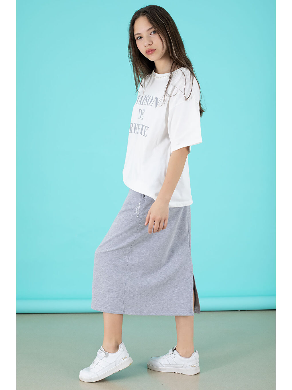 Gri Kız Çocuk Etekli Baskılı Tişörtlü Takım 20506-2