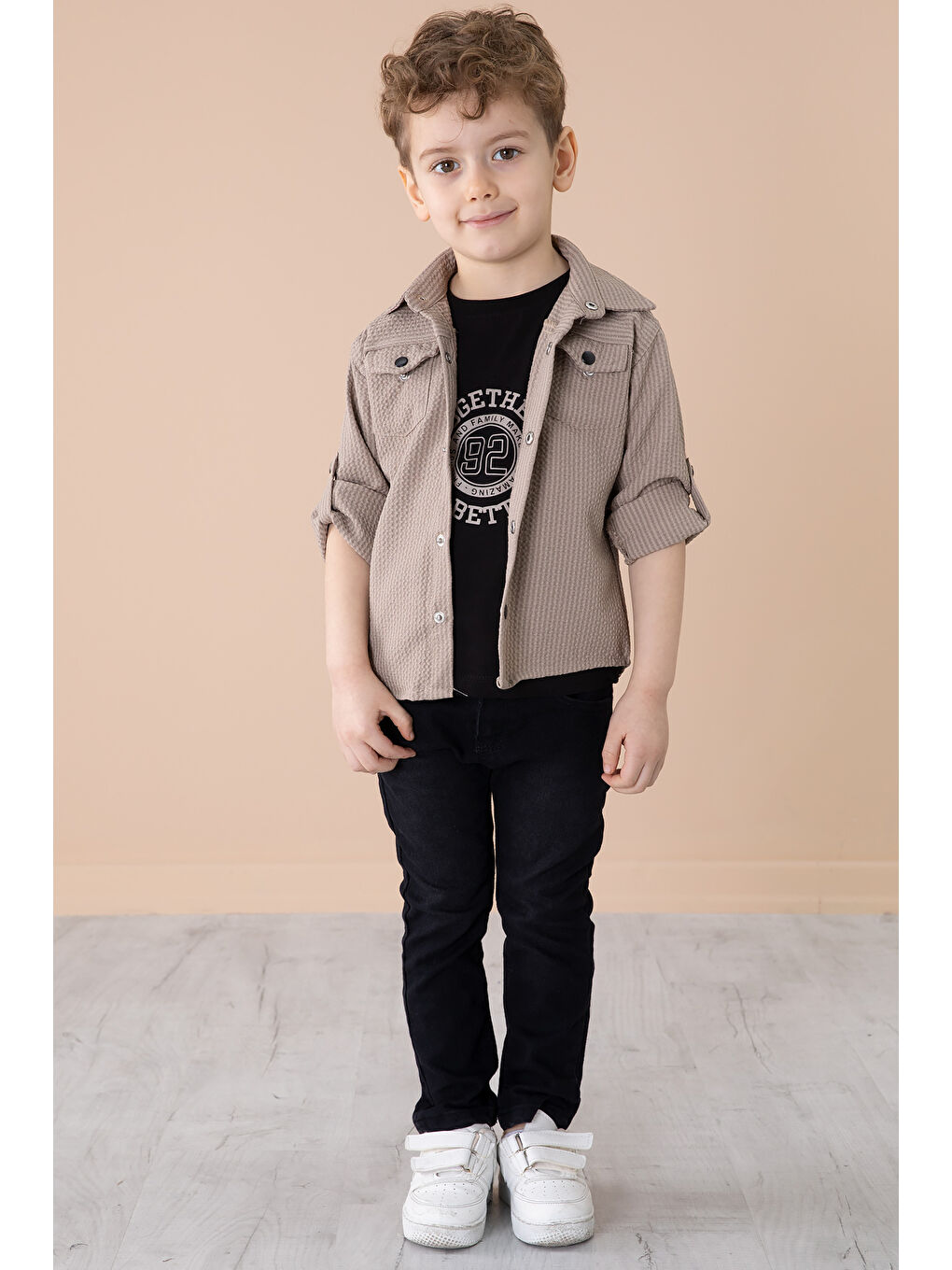 Bej Erkek Çocuk Çıtçıtlı Gömlekli Pantolonlu 3lü Alt Üst Takım 20264-2