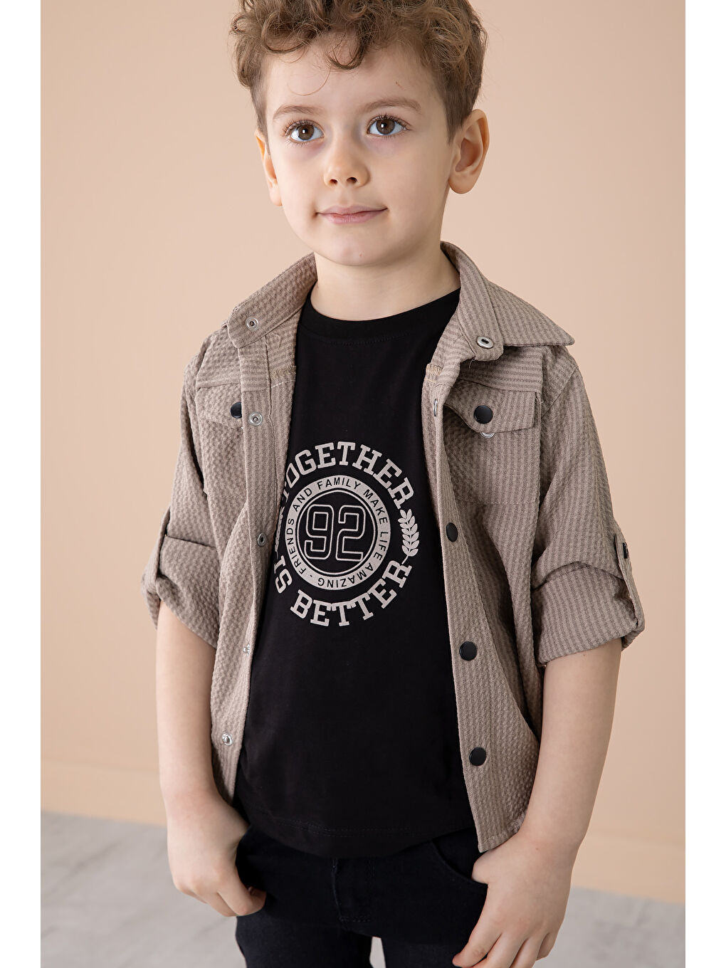 Bej Erkek Çocuk Çıtçıtlı Gömlekli Pantolonlu 3lü Alt Üst Takım 20264-3