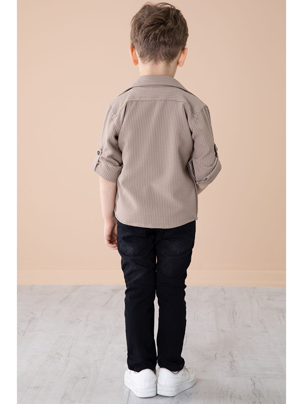 Bej Erkek Çocuk Çıtçıtlı Gömlekli Pantolonlu 3lü Alt Üst Takım 20264-4