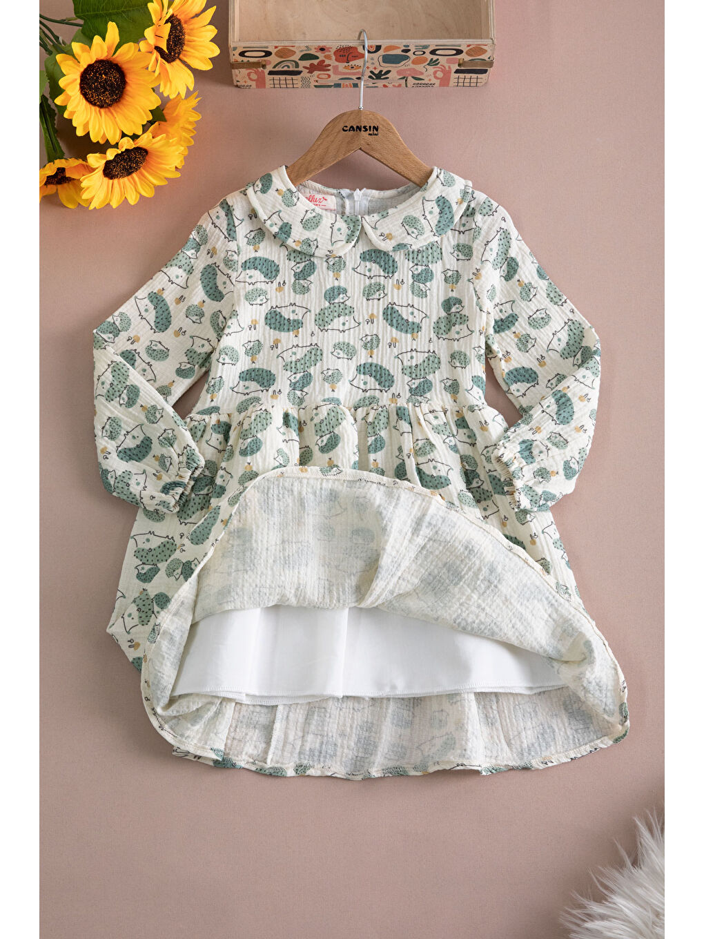 Yeşil Kirpi Desenli Süveterli Kız Çocuk Elbise 20223-2