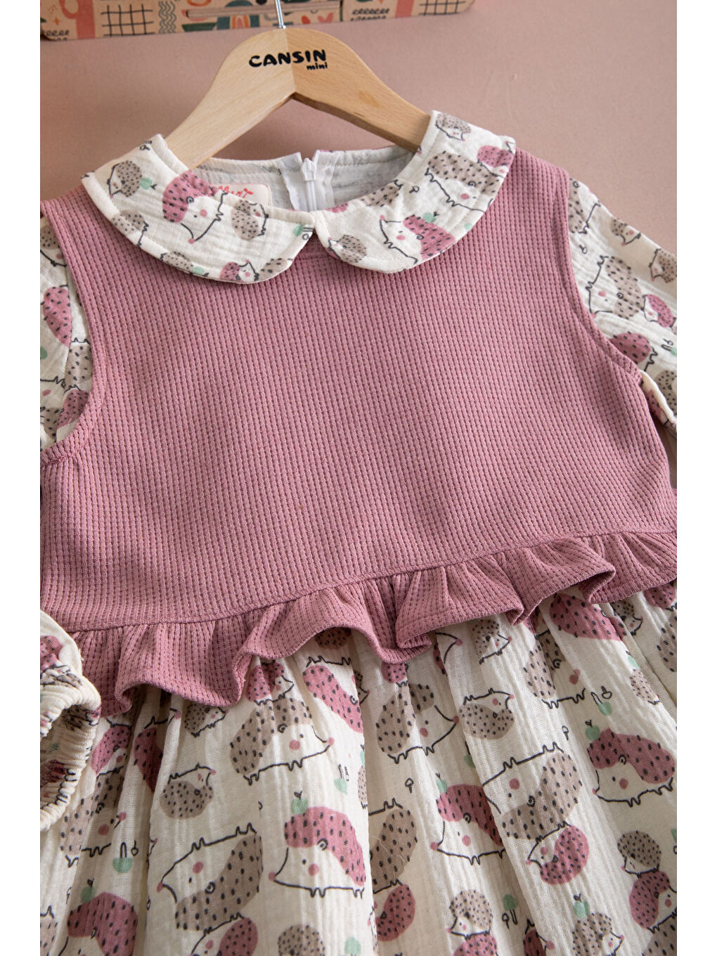 Pembe Kirpi Desenli Süveterli Kız Çocuk Elbise 20222-2