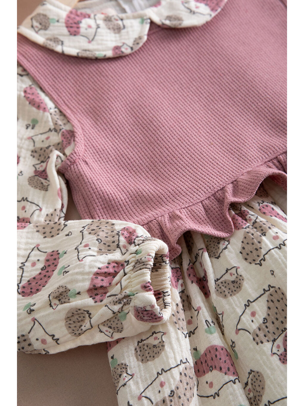 Pembe Kirpi Desenli Süveterli Kız Çocuk Elbise 20222-3