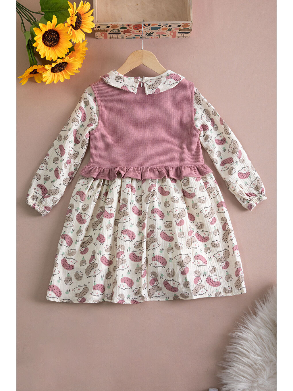 Pembe Kirpi Desenli Süveterli Kız Çocuk Elbise 20222-4