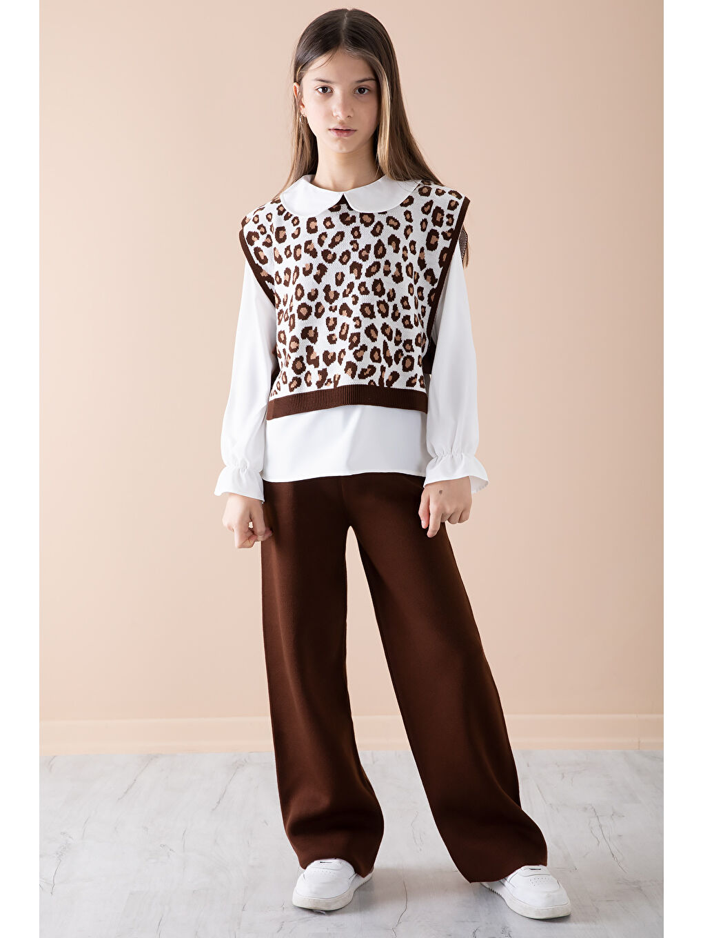 Kahverengi Kahve Süveterli Gömlekli Kız Çocuk Triko Pantolonlu 3lü Takım 20343-1