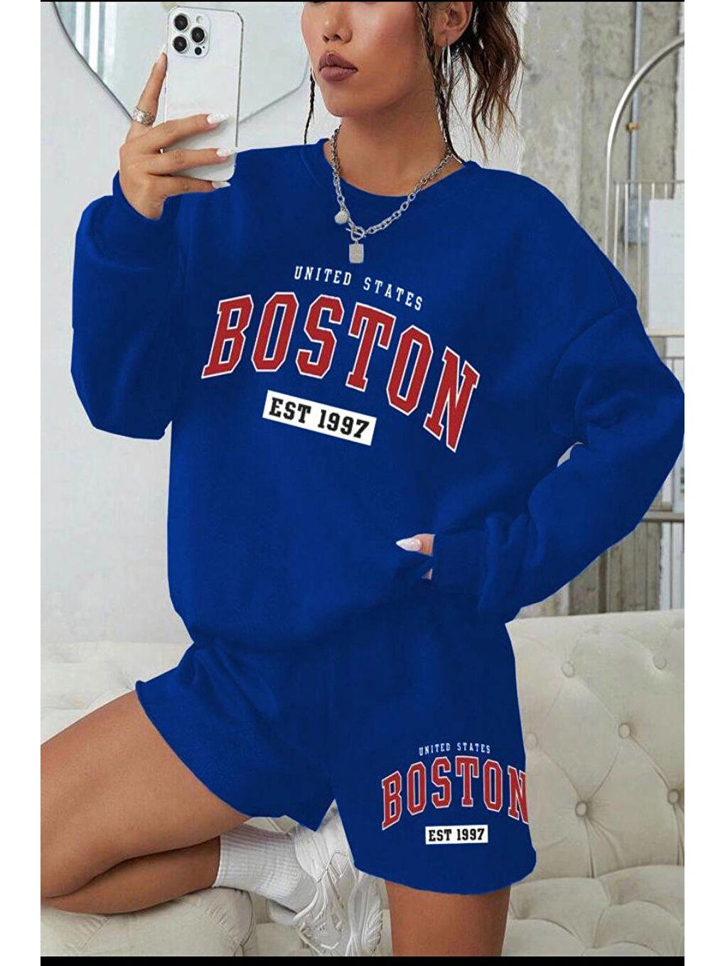 hazelin Mavi Kadın Mavi 3 İplik Şardonlu Boston Baskılı Şort Sweatshirt Alt Üst Takım HZL24W-FRY121221