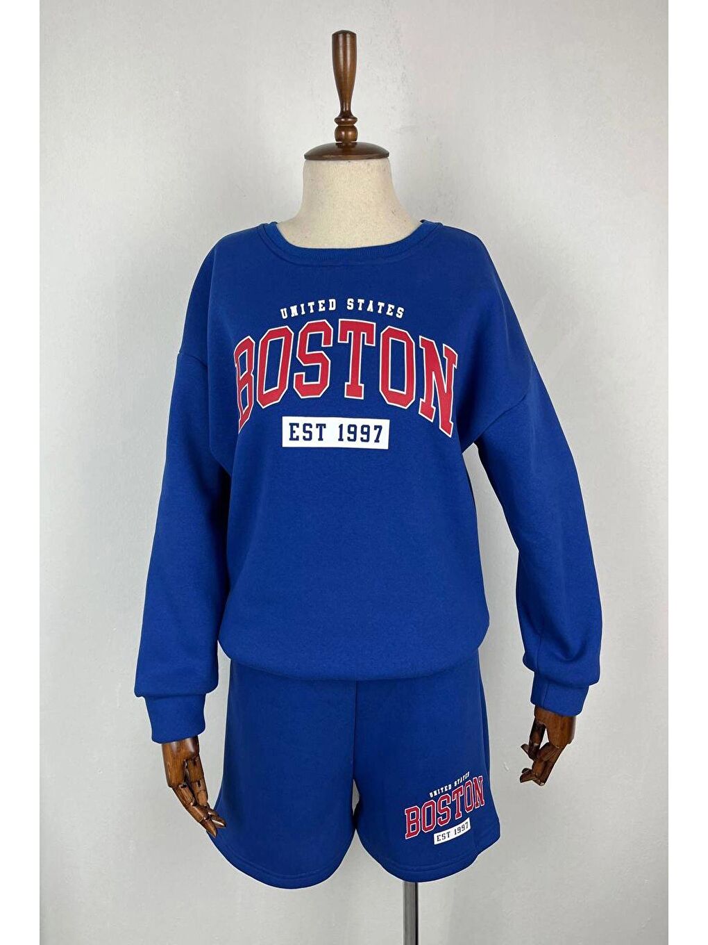 hazelin Mavi Kadın Mavi 3 İplik Şardonlu Boston Baskılı Şort Sweatshirt Alt Üst Takım HZL24W-FRY121221 - 1