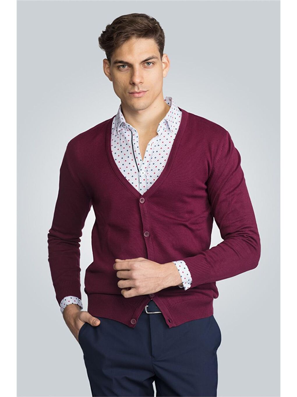 TUDORS Bordo Slim Fit Düğmeli Düz Pamuk Erkek Bordo Hırka