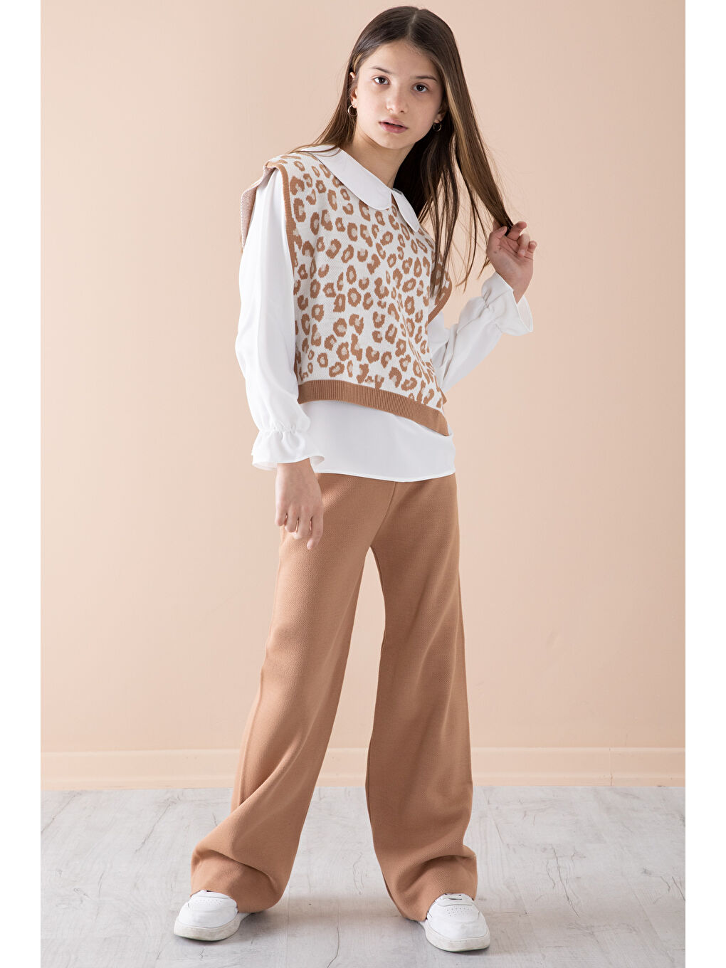 Ekru Krem Süveterli Gömlekli Kız Çocuk Triko Pantolonlu 3lü Takım 20344-2