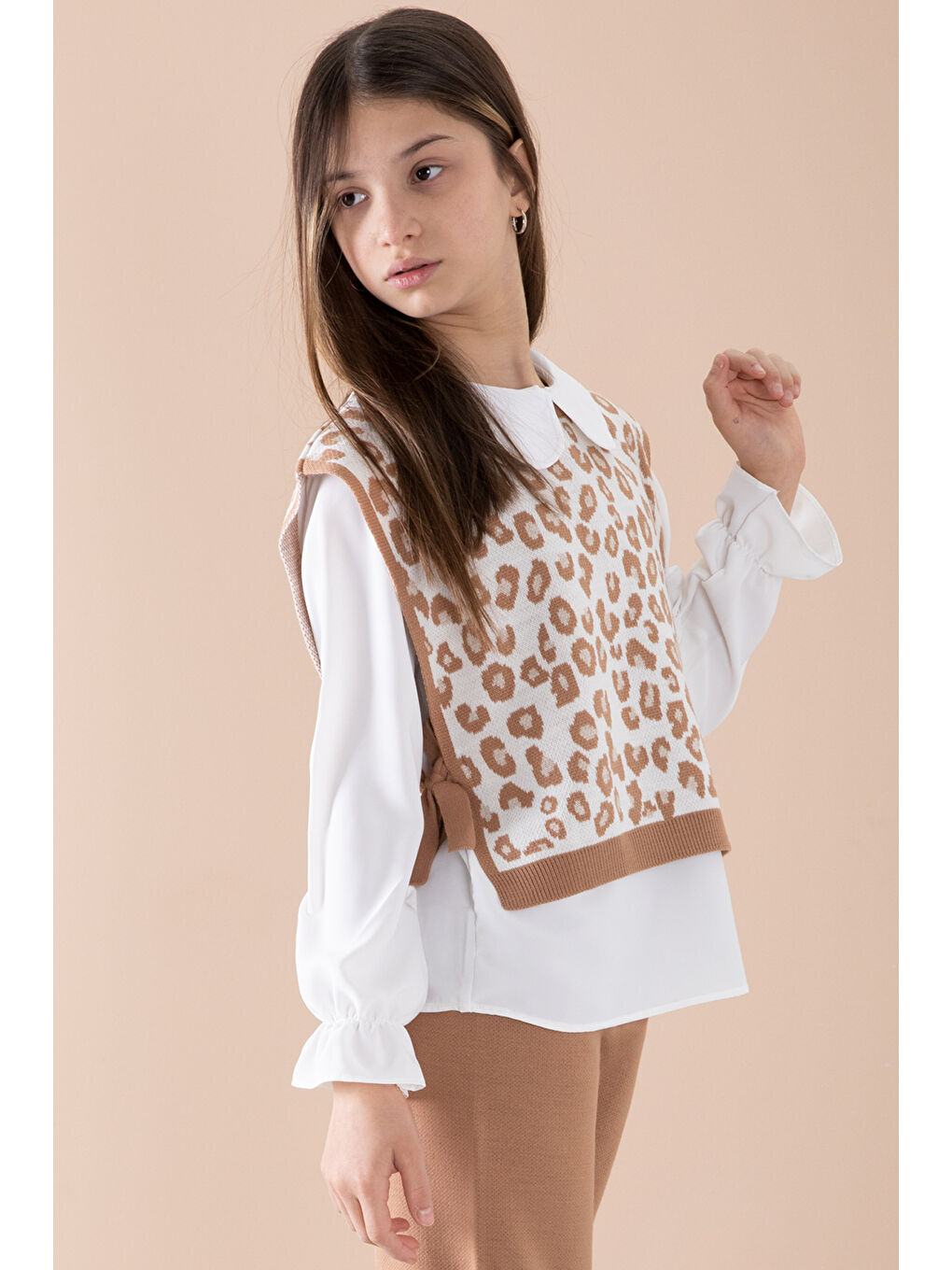 Ekru Krem Süveterli Gömlekli Kız Çocuk Triko Pantolonlu 3lü Takım 20344-3