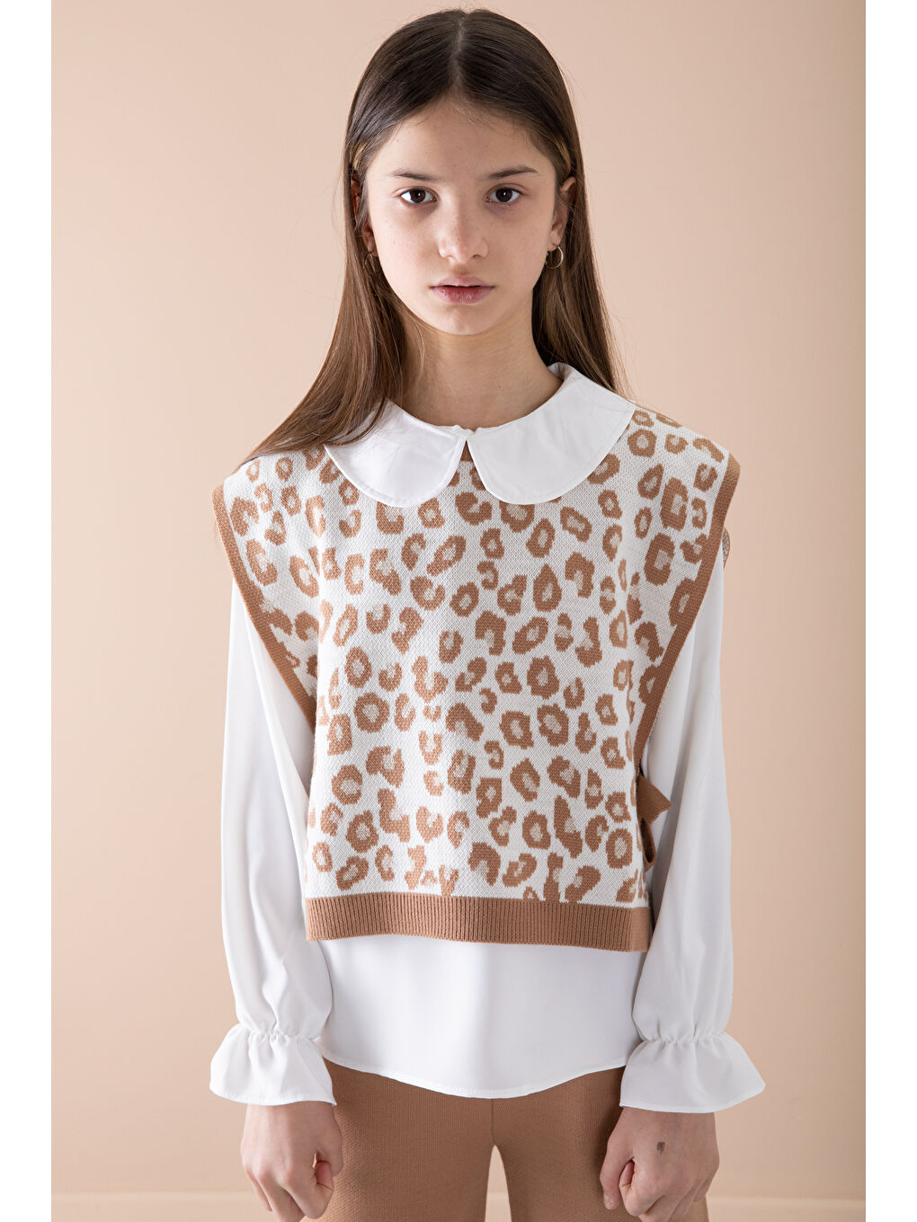 Ekru Krem Süveterli Gömlekli Kız Çocuk Triko Pantolonlu 3lü Takım 20344-4