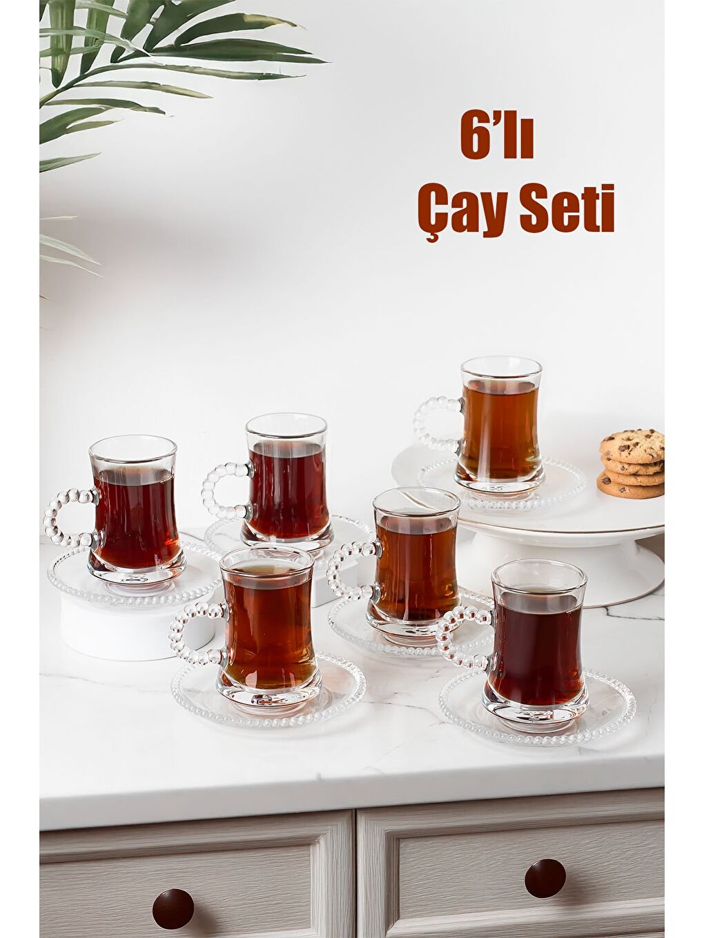 Renksiz Pearl-gırona 6 Kişilik 12 Parça Boncuklu Cam Çay Takımı 110ml Çay Seti