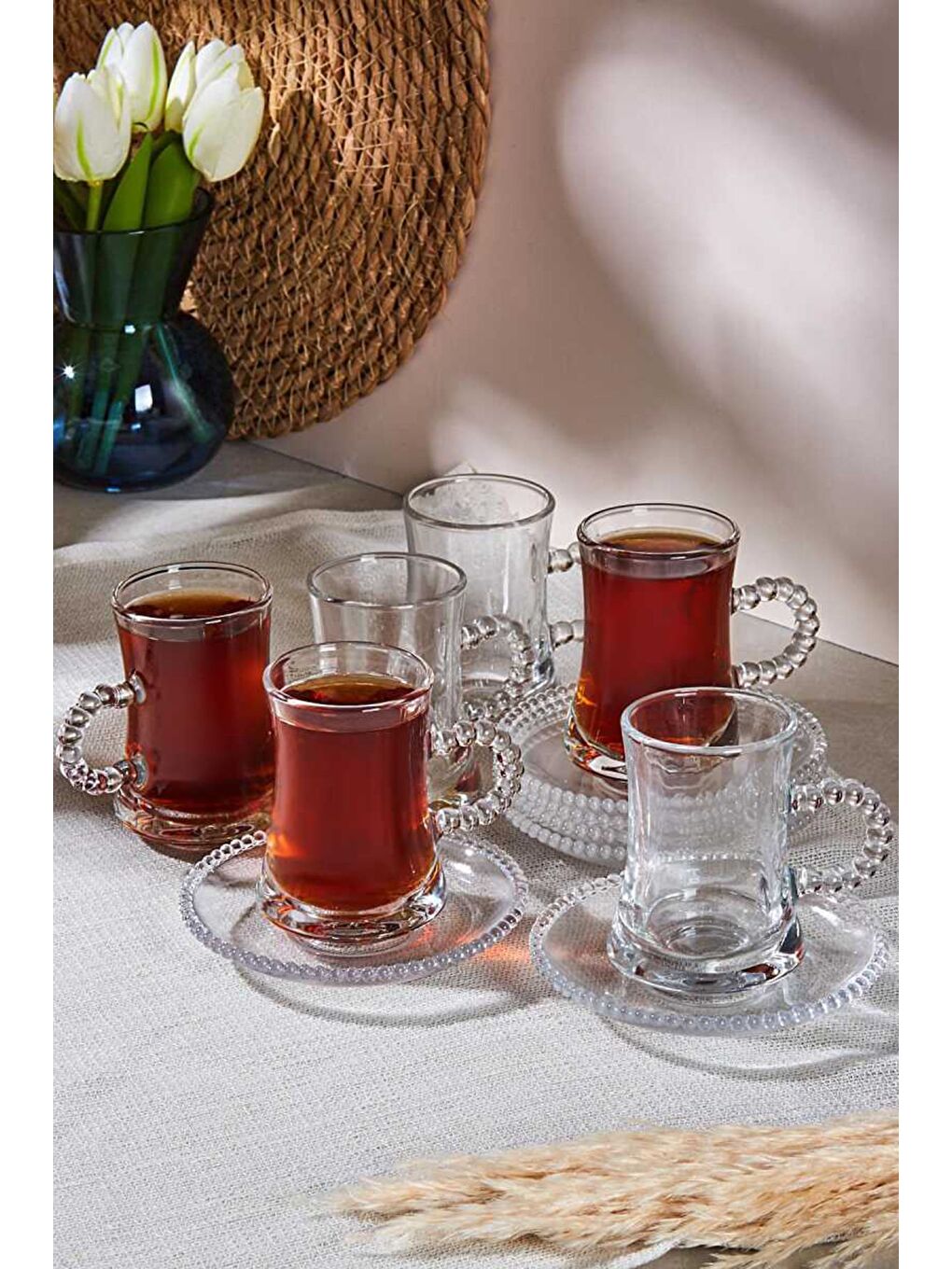 Renksiz Pearl-gırona 6 Kişilik 12 Parça Boncuklu Cam Çay Takımı 110ml Çay Seti-3