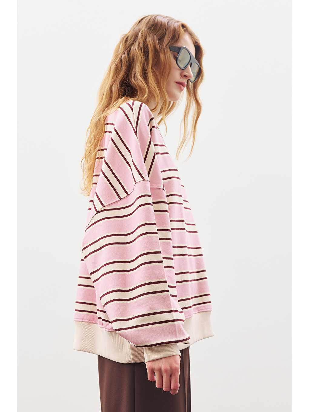 Oversıze Çizgili Sweatshırt Bordo-3