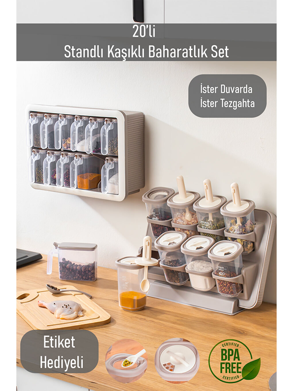 Kendinden Yapışkanlı Tezgah Üstü Standlı Döner Kapaklı ve Cappuccino Beyaz Random Baharatlık Seti