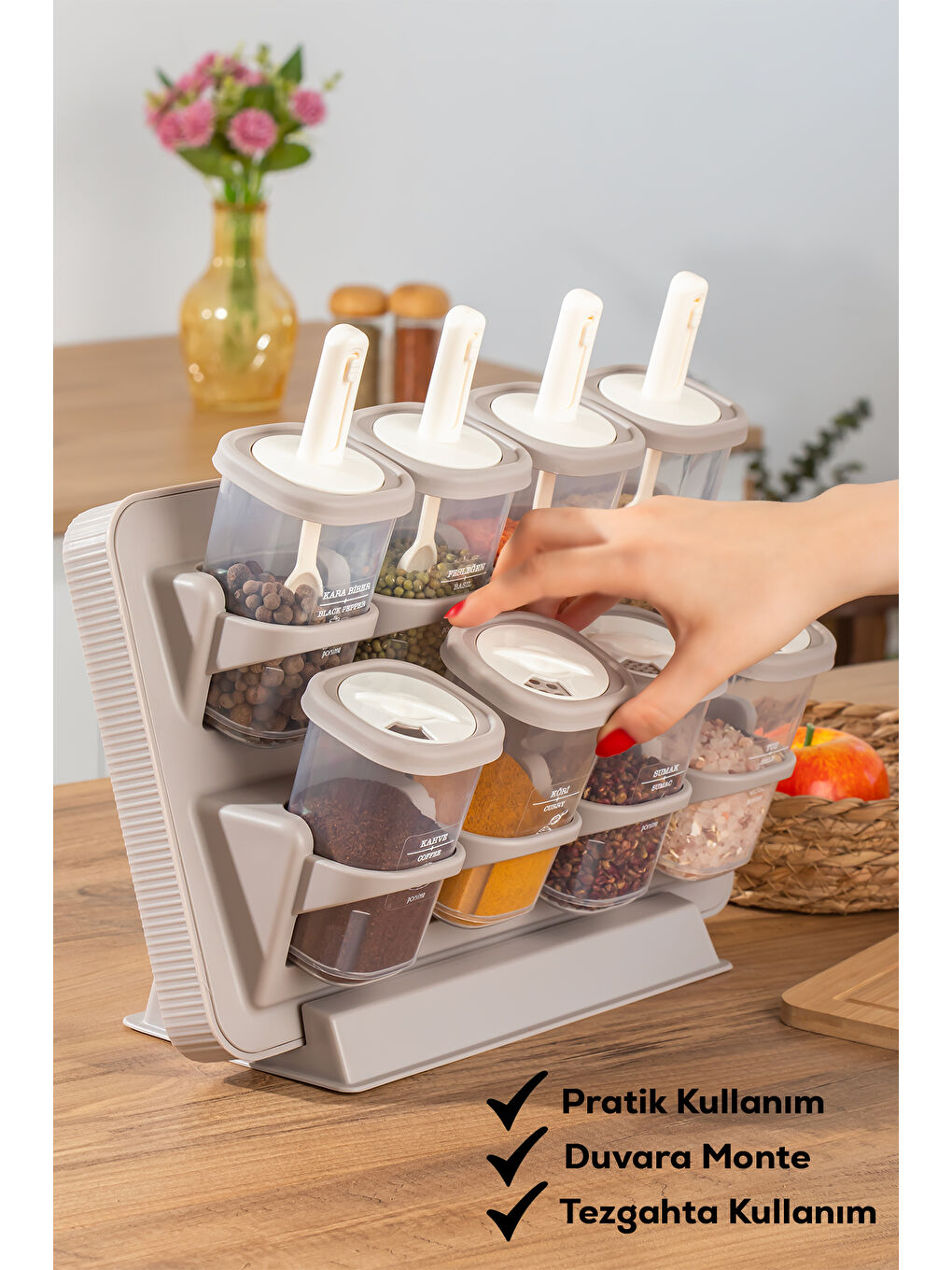 Kendinden Yapışkanlı Tezgah Üstü Standlı Döner Kapaklı ve Cappuccino Beyaz Random Baharatlık Seti-1